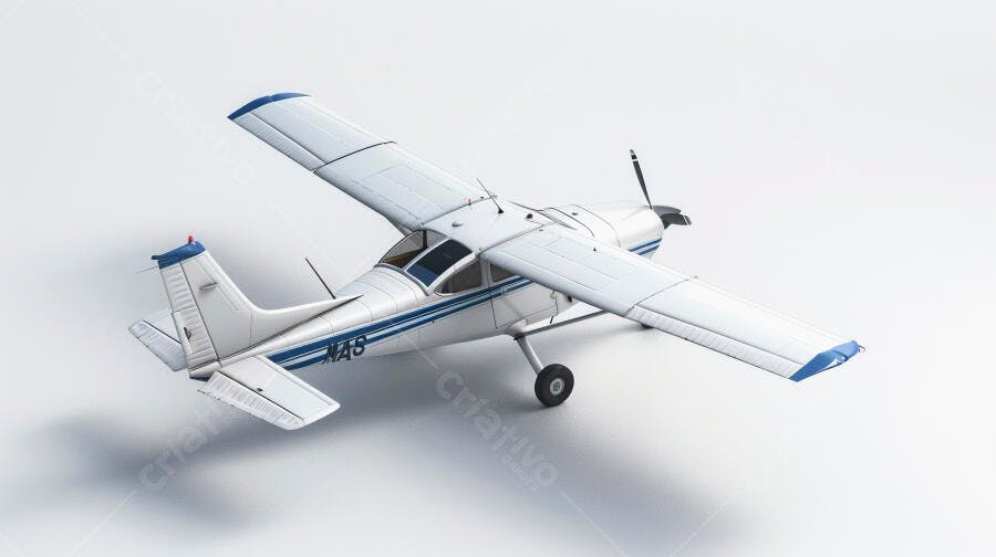 Avião monomotor branco e azul sobre fundo branco