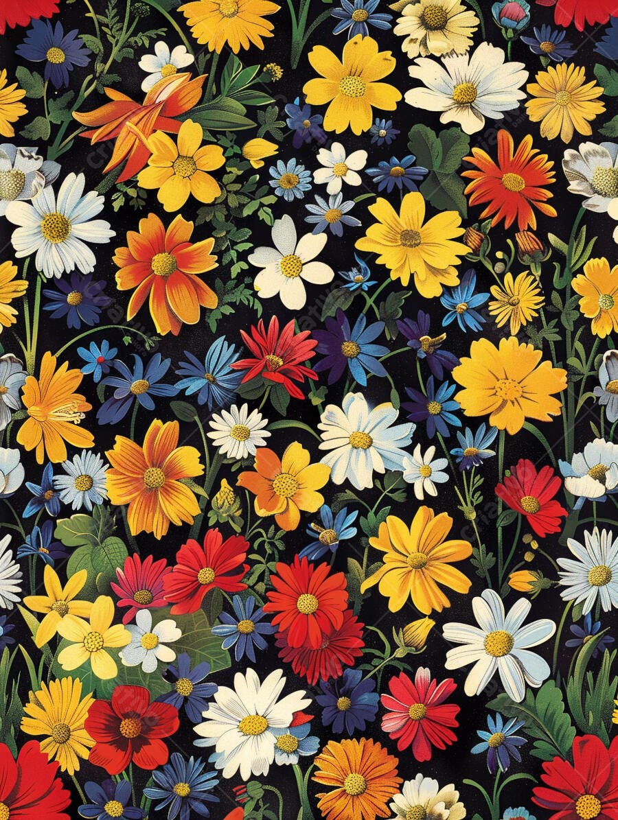 Padrão floral vibrante com fundo preto