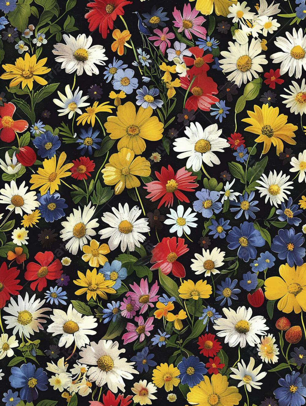 Flores Coloridas em Fundo Preto