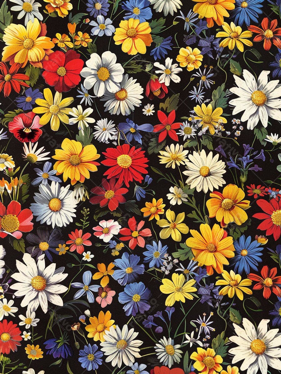 Padrão floral vibrante com margaridas e outras flores