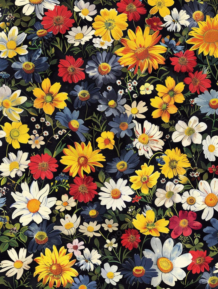 Padrão floral com margaridas amarelas e vermelhas