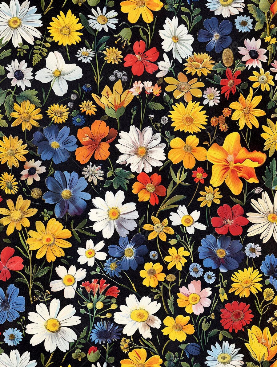 Padrão floral vibrante com fundo preto