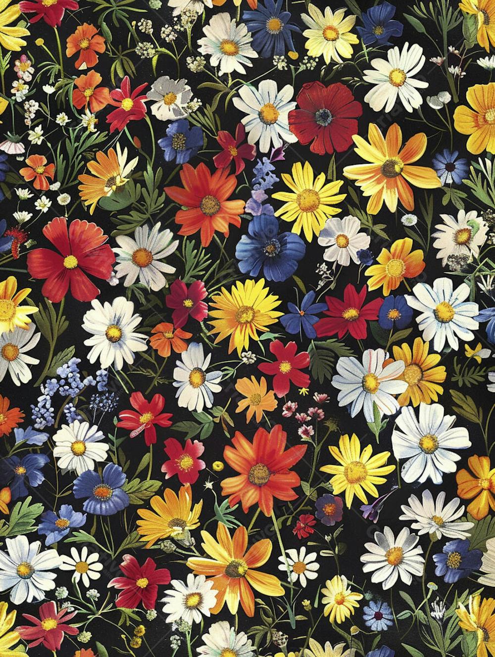 Flores Coloridas em Fundo Preto