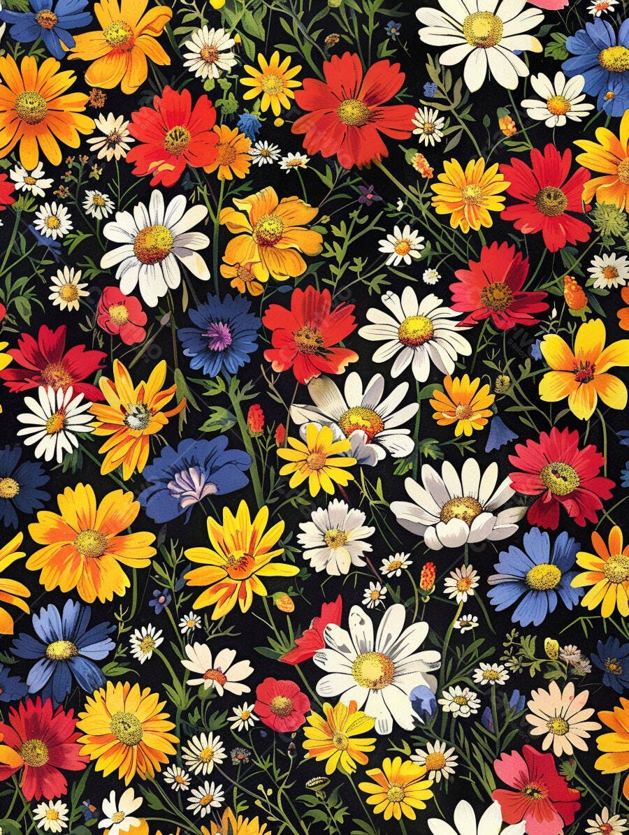Padrão floral vibrante com margaridas e cores quentes
