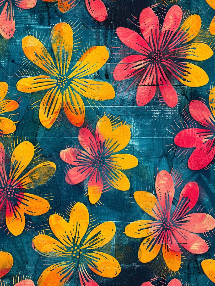 Padrão floral laranja e rosa em fundo azul