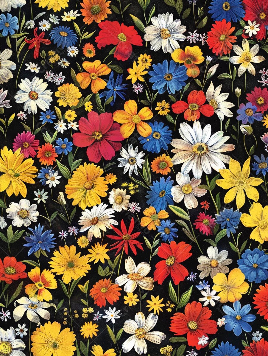 Padrão floral vibrante fundo preto