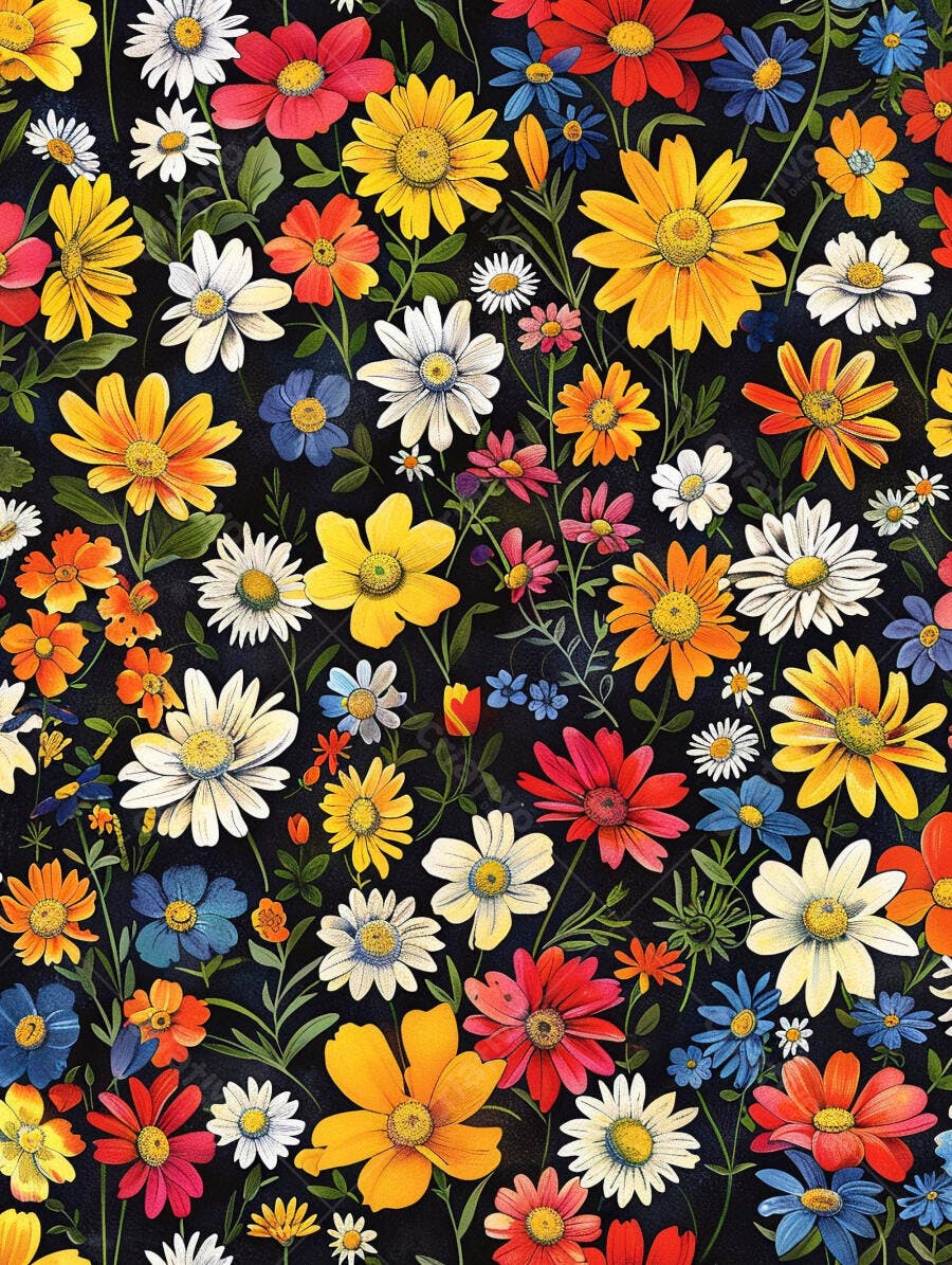 Padrão floral vibrante com margaridas e outras flores
