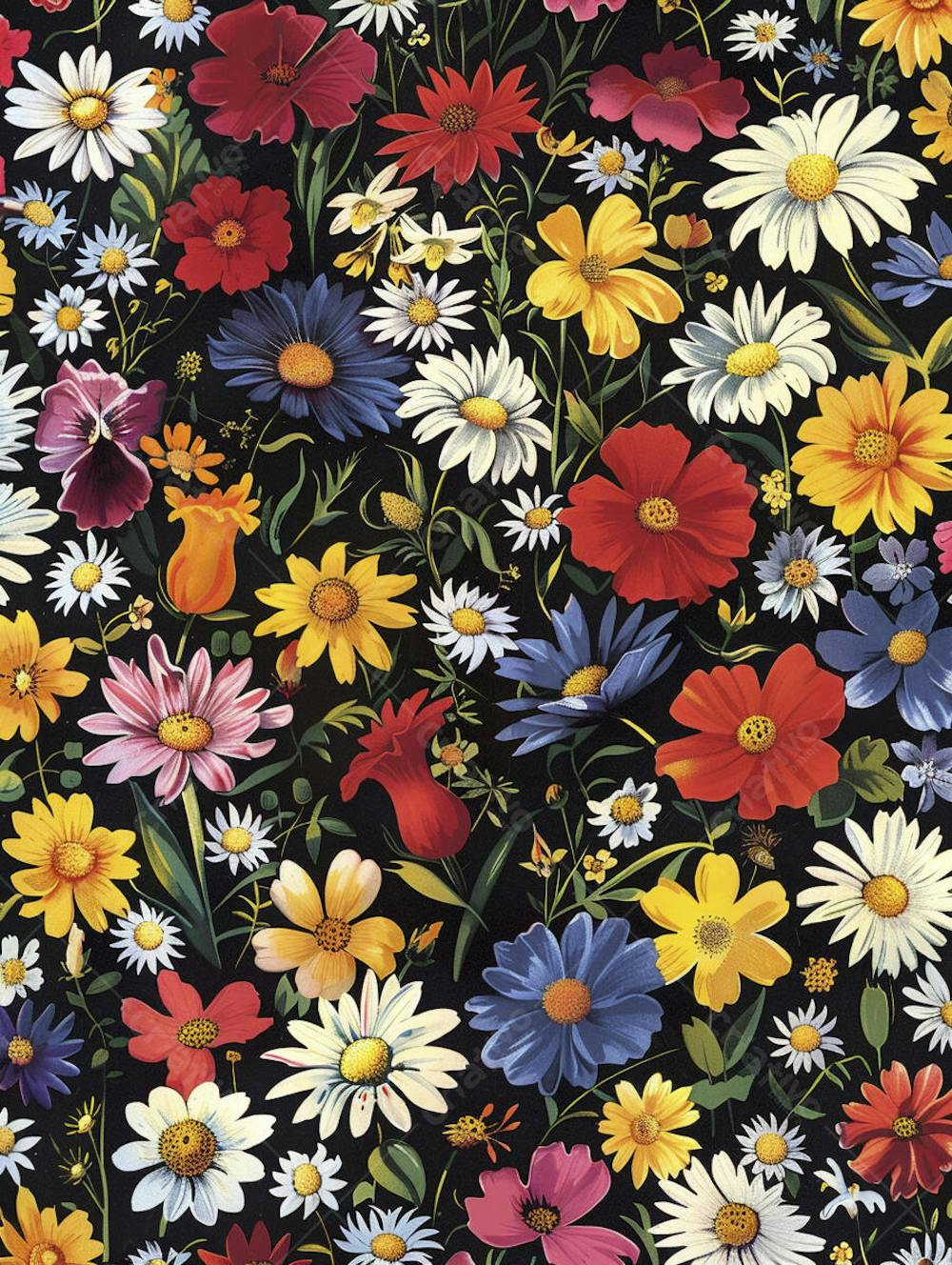 Flores Coloridas em Fundo Preto