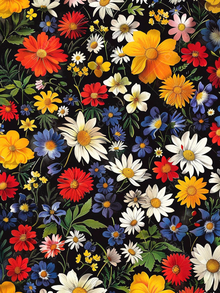 Padrão floral vibrante com margaridas e outras flores