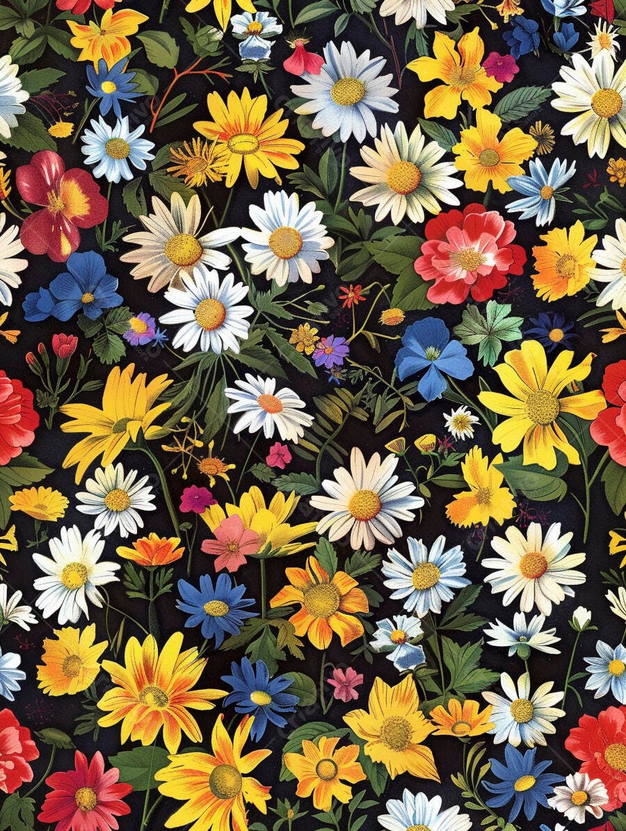 Padrão floral vibrante com margaridas e fundo escuro