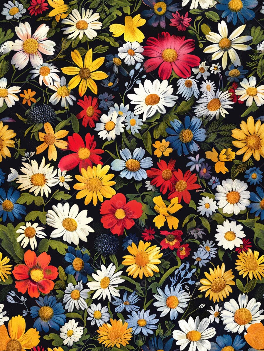 Padrão floral vibrante com margaridas e fundo escuro