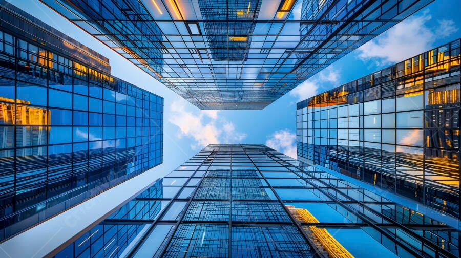 Prédios modernos reflexos no céu azul