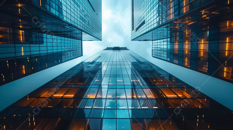 Prédios modernos vista de baixo azul e laranja