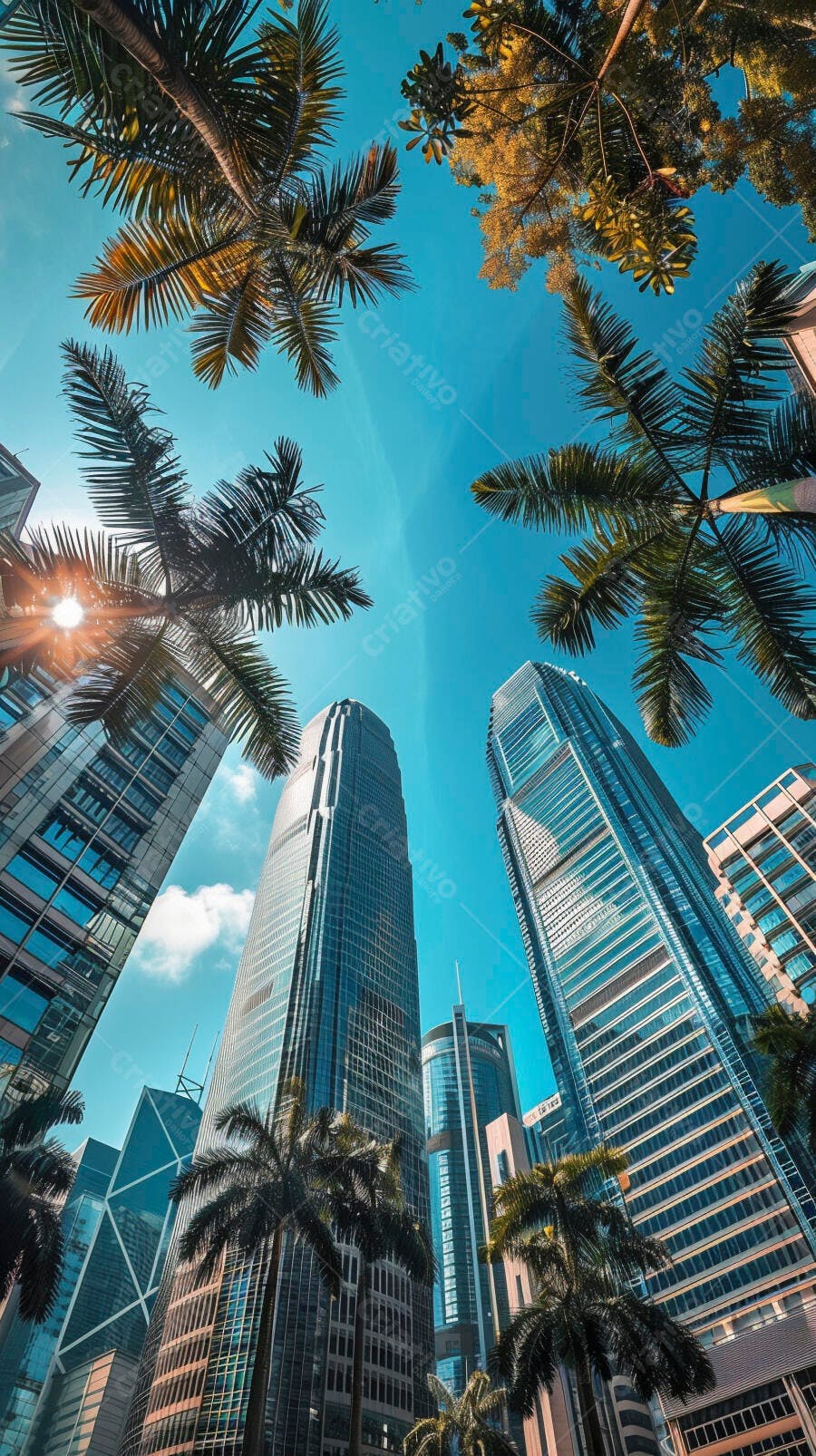 Prédios modernos sob céu azul com palmeiras
