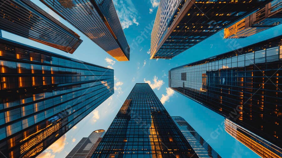 Prédios modernos no céu azul ao entardecer