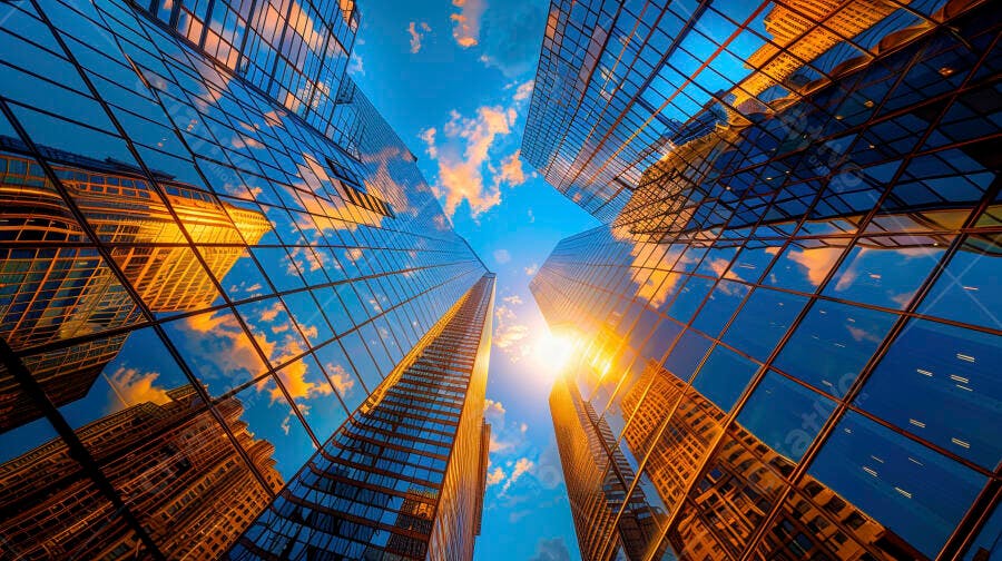 Prédios modernos refletindo o pôr do sol