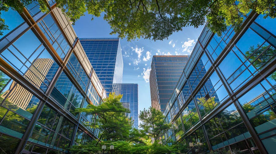 Edifícios modernos com árvores verdes sob céu azul
