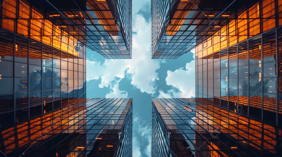 Prédios modernos refletindo o céu azul