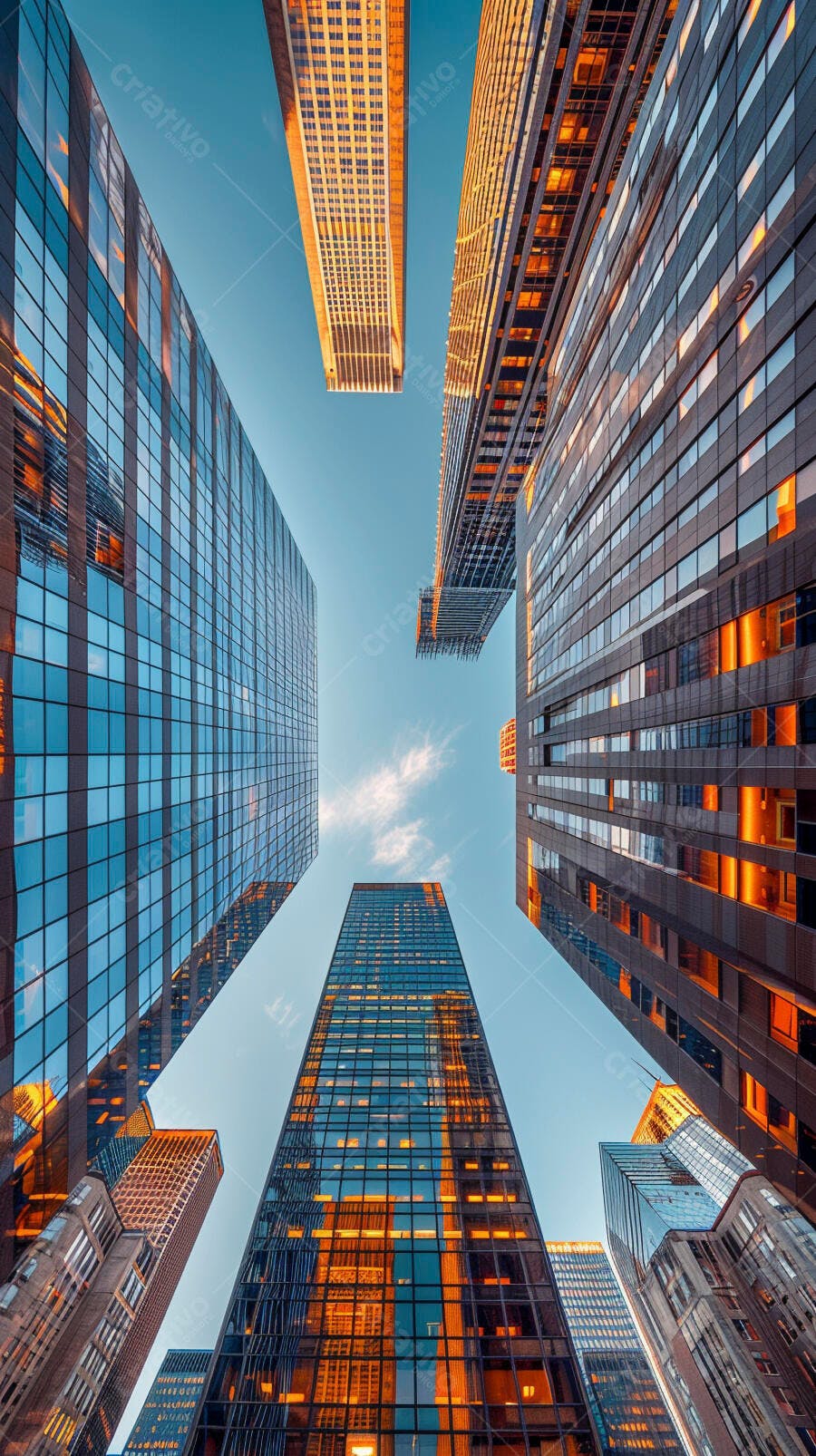 Prédios modernos em perspectiva baixa ao entardecer