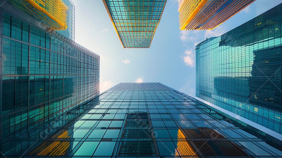 Prédios modernos refletidos no céu azul