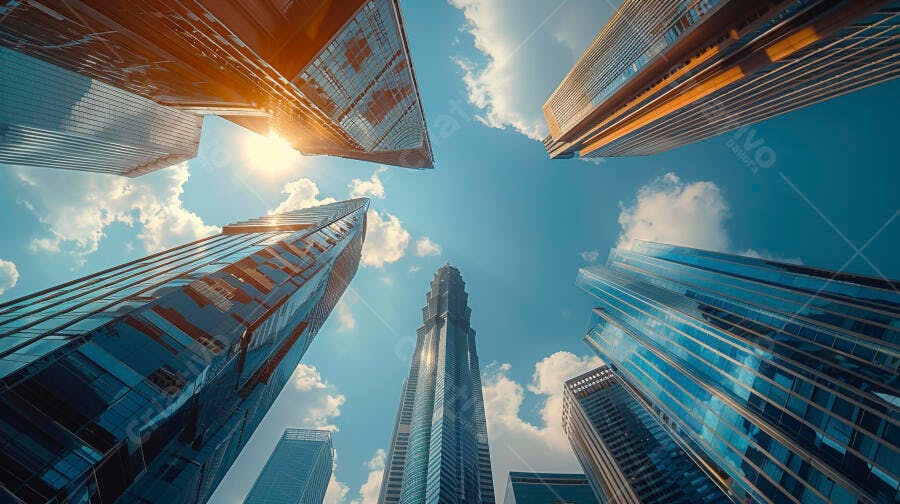Prédios modernos sob céu azul ensolarado