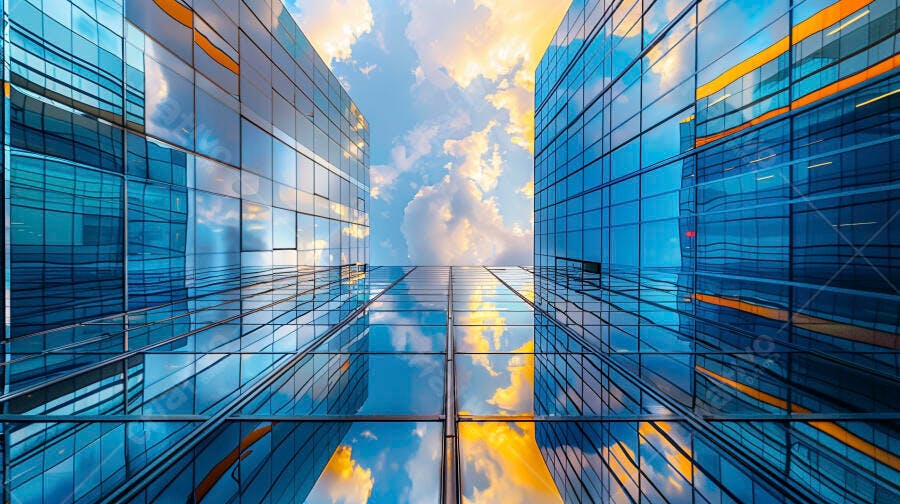 Prédios modernos refletindo céu azul e dourado