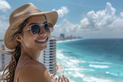 Mulher sorridente em Cancún aproveitando o paraíso tropical