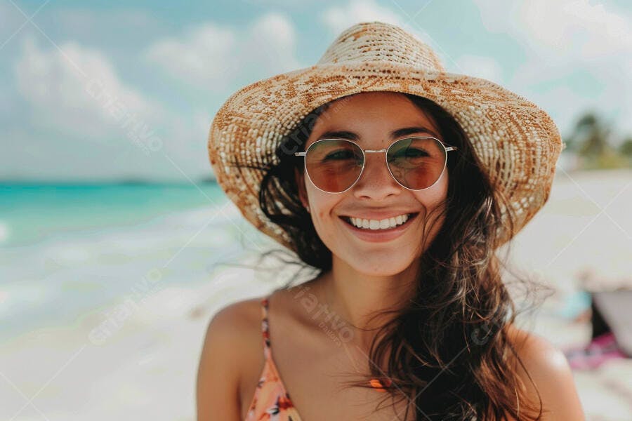 Mulher sorrindo na praia com chapéu de palha
