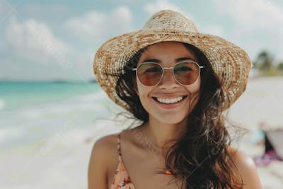 Mulher sorridente em Cancún aproveitando o paraíso tropical