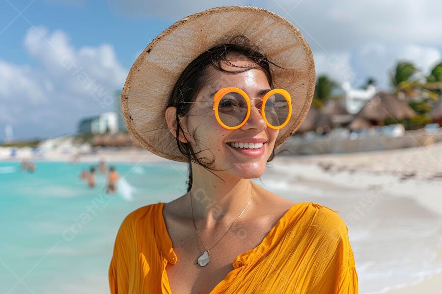 Mulher sorridente na praia com óculos laranja