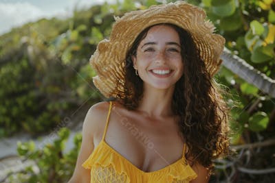 Mulher sorridente em Cancún aproveitando o paraíso tropical