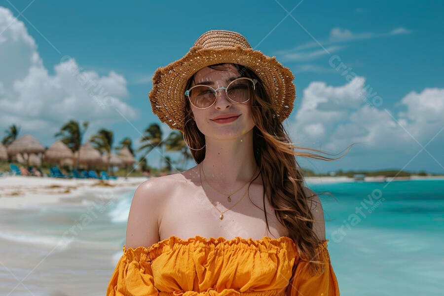 Mulher na praia com chapéu de palha e vestido amarelo