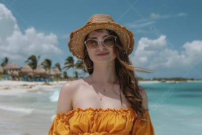 Mulher sorridente em Cancún aproveitando o paraíso tropical