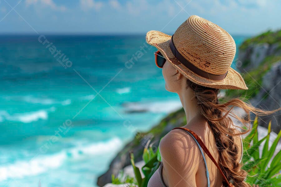 Mulher contemplando o mar turquesa