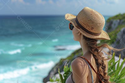 Mulher sorridente em Cancún aproveitando o paraíso tropical