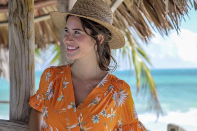 Mulher sorridente em Cancún aproveitando o paraíso tropical