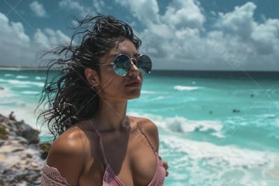 Mulher sorridente em Cancún aproveitando o paraíso tropical