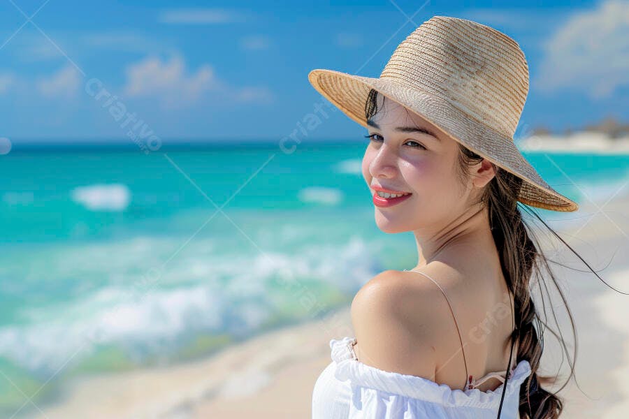 Mulher sorridente na praia com chapéu de palha
