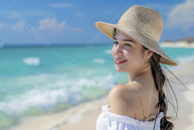 Mulher sorridente em Cancún aproveitando o paraíso tropical