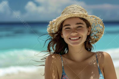 Mulher sorridente em Cancún aproveitando o paraíso tropical