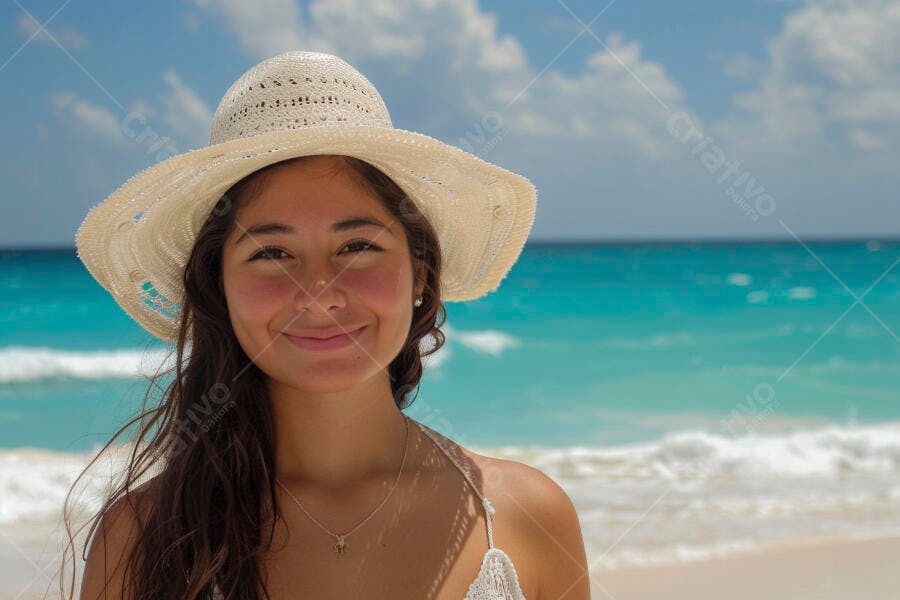 Mulher sorridente na praia com chapéu de sol