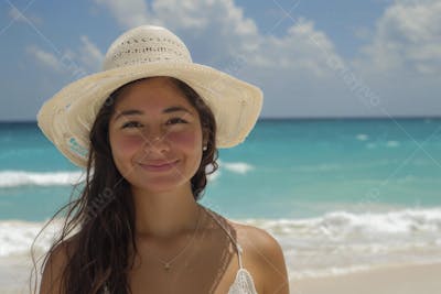 Mulher sorridente em Cancún aproveitando o paraíso tropical