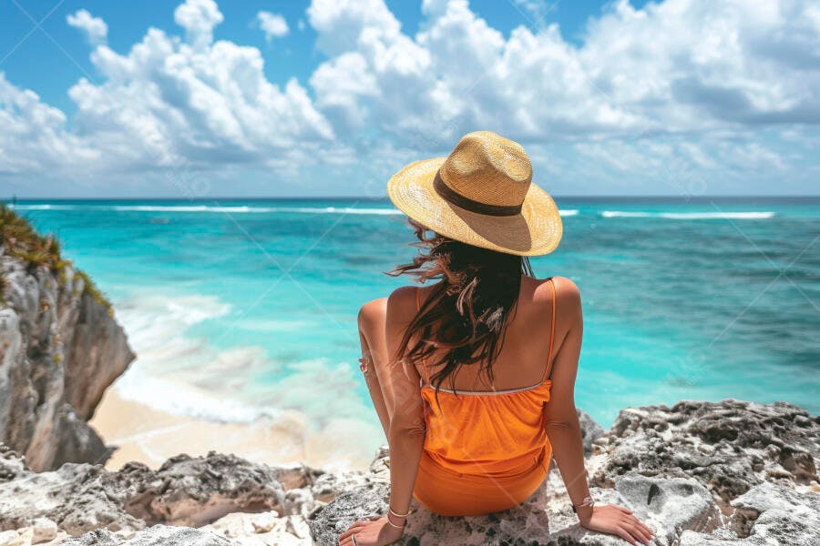 Mulher em vestido laranja na praia paradisíaca