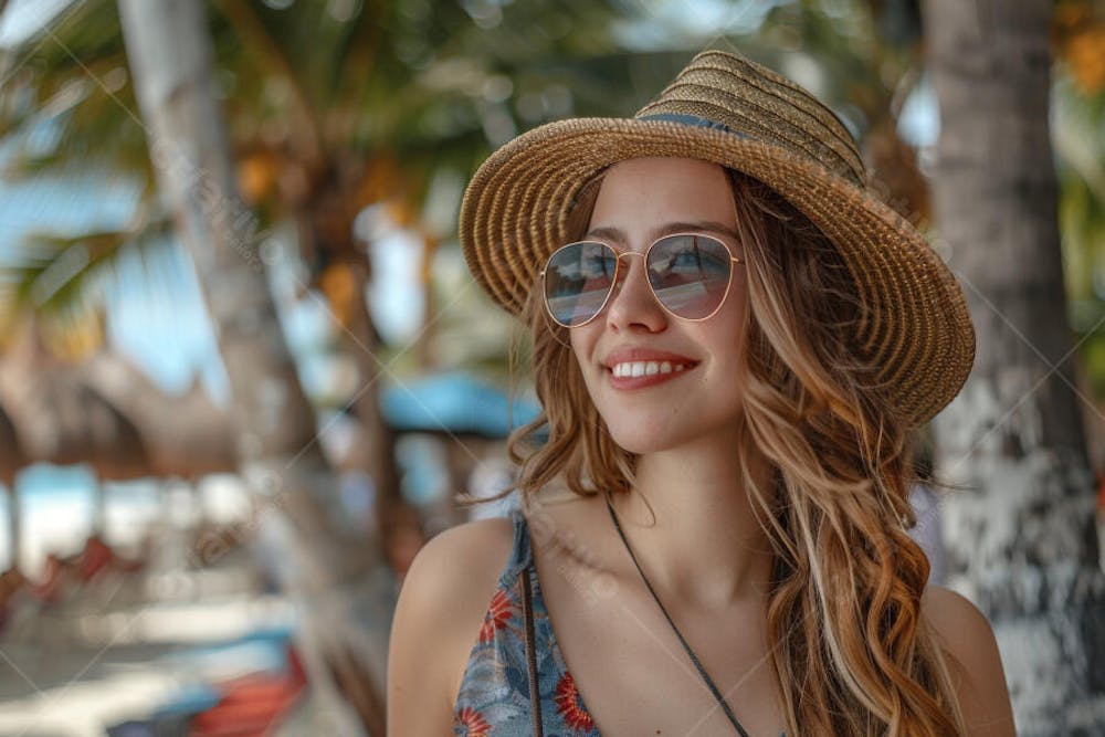 Mulher sorridente em Cancún aproveitando o paraíso tropical