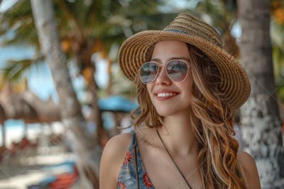 Mulher sorridente em Cancún aproveitando o paraíso tropical