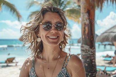 Mulher sorridente em Cancún aproveitando o paraíso tropical