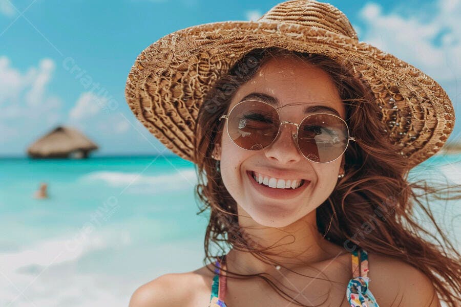 Mulher feliz na praia com chapéu de palha