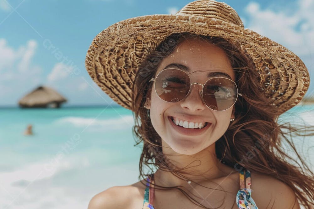 Mulher sorridente em Cancún aproveitando o paraíso tropical