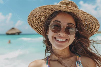 Mulher sorridente em Cancún aproveitando o paraíso tropical