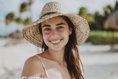 Mulher sorridente em Cancún aproveitando o paraíso tropical